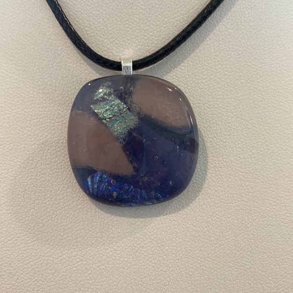 Hand crafted purple , white and dichroic fused glass pendant on black cord - Picture 1 of 11